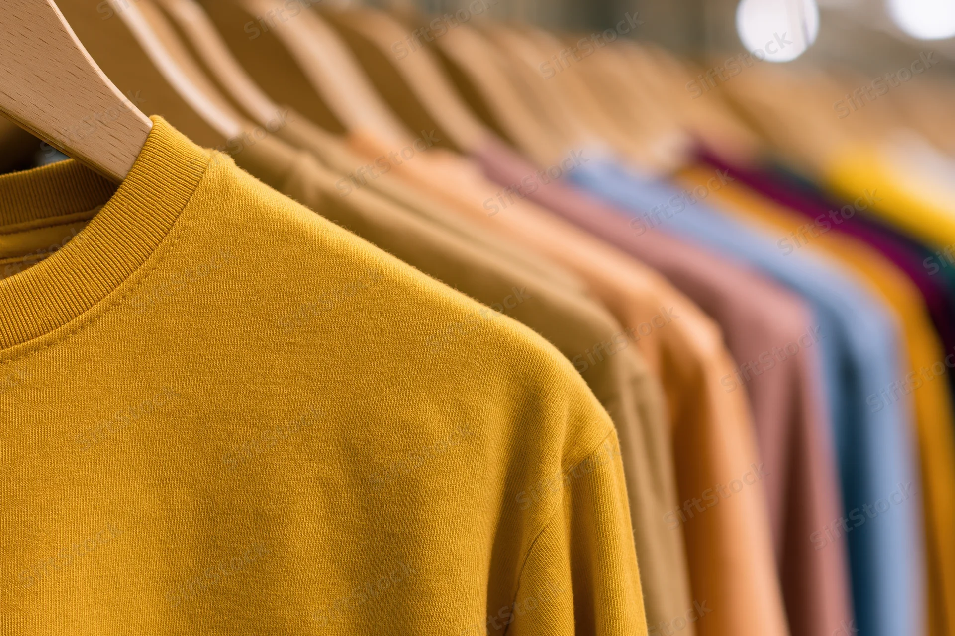 Row of plain cotton t-shirts hanging on wooden hangers in a retail store display