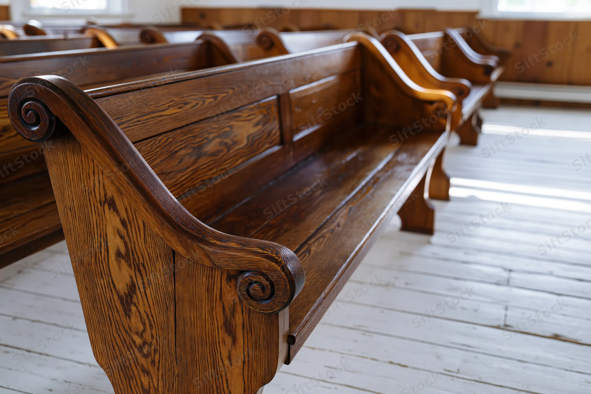 Rows of empty wooden church pews receding into the interior space