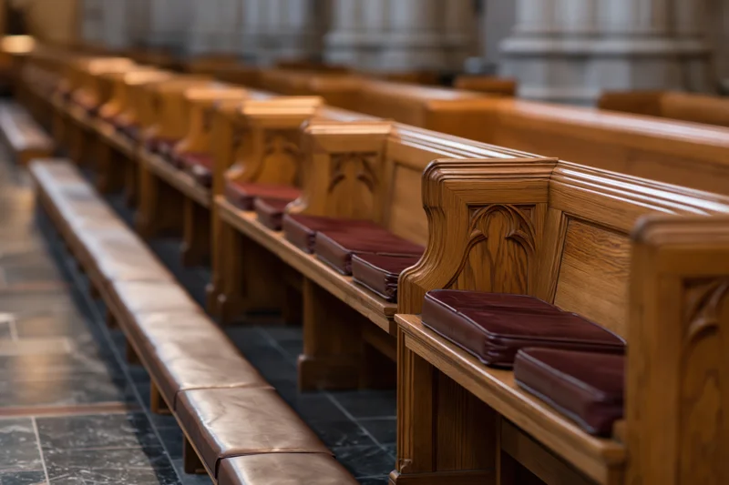 Rows of empty wooden church pews receding into the interior space