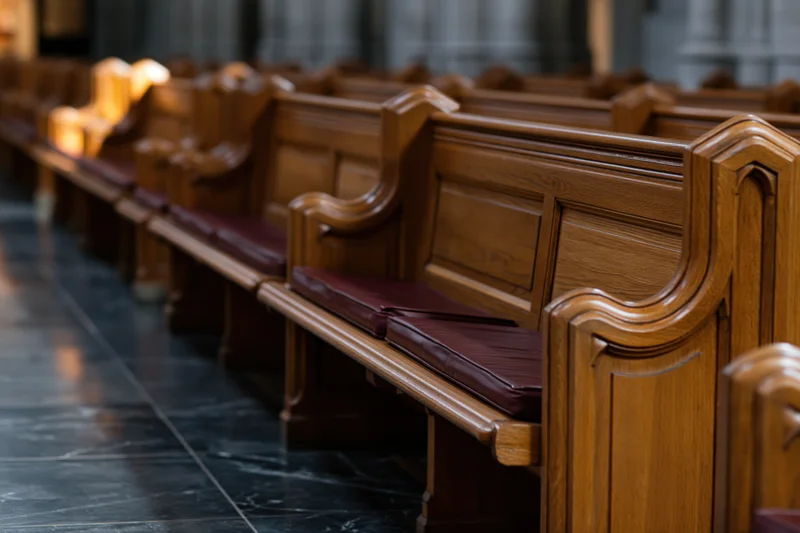 Rows of empty wooden church pews receding into the interior space