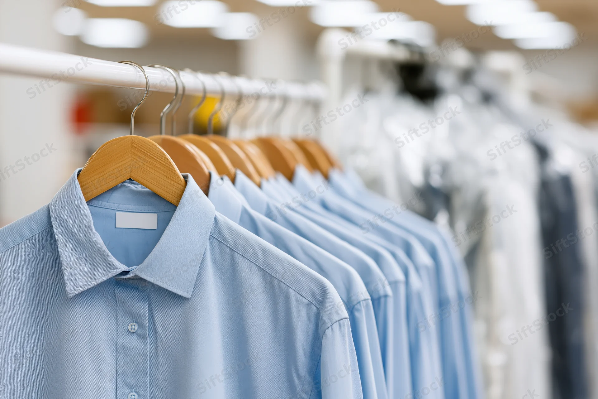 Light blue dress shirts hanging on wooden hangers in a retail store rack
