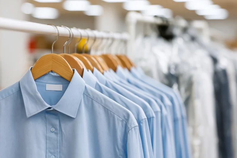 Light blue dress shirts hanging on wooden hangers in a retail store rack