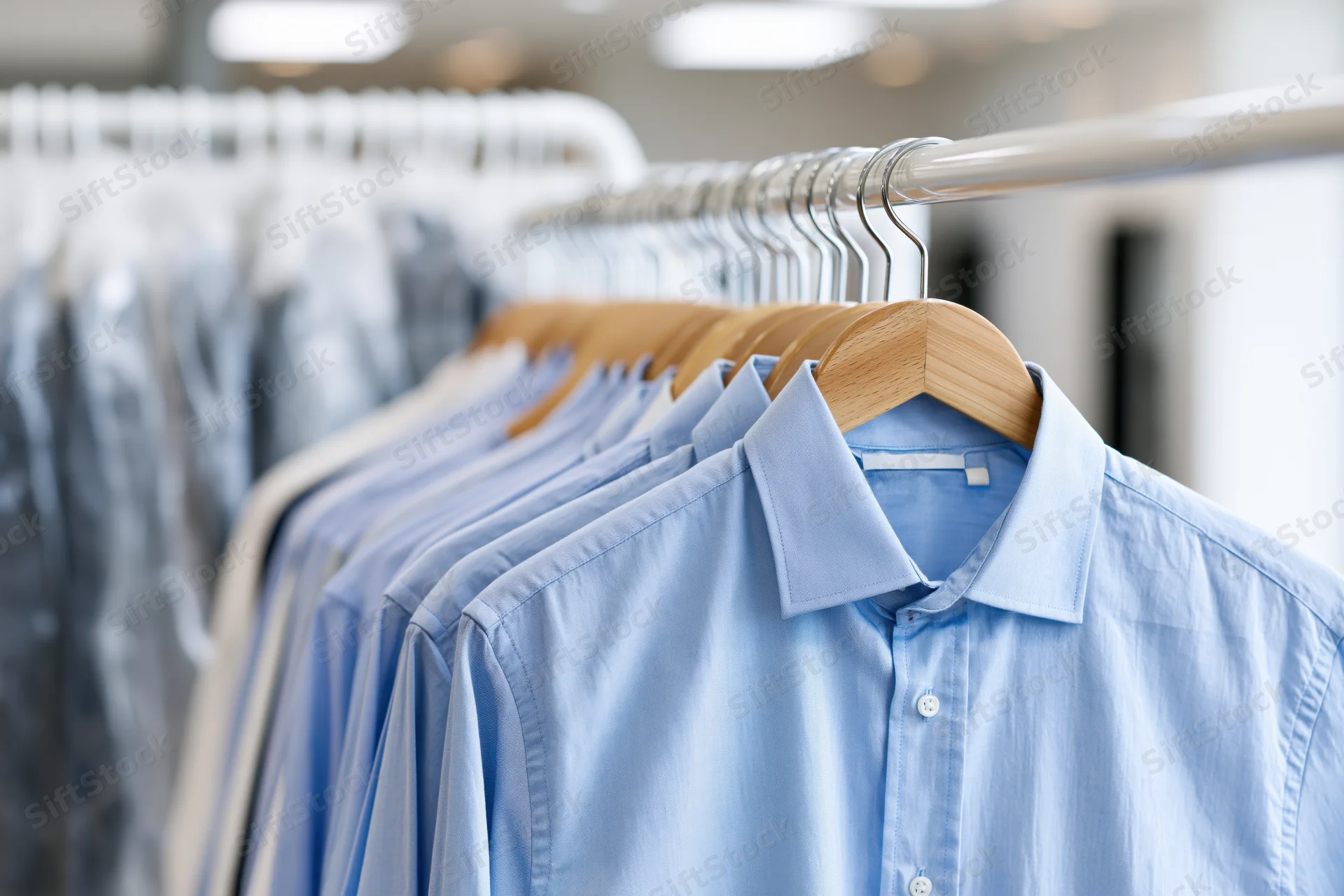 Light blue dress shirts hanging on wooden hangers in a retail store display