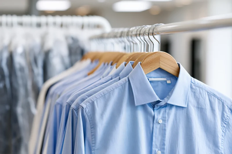 Light blue dress shirts hanging on wooden hangers in a retail store display