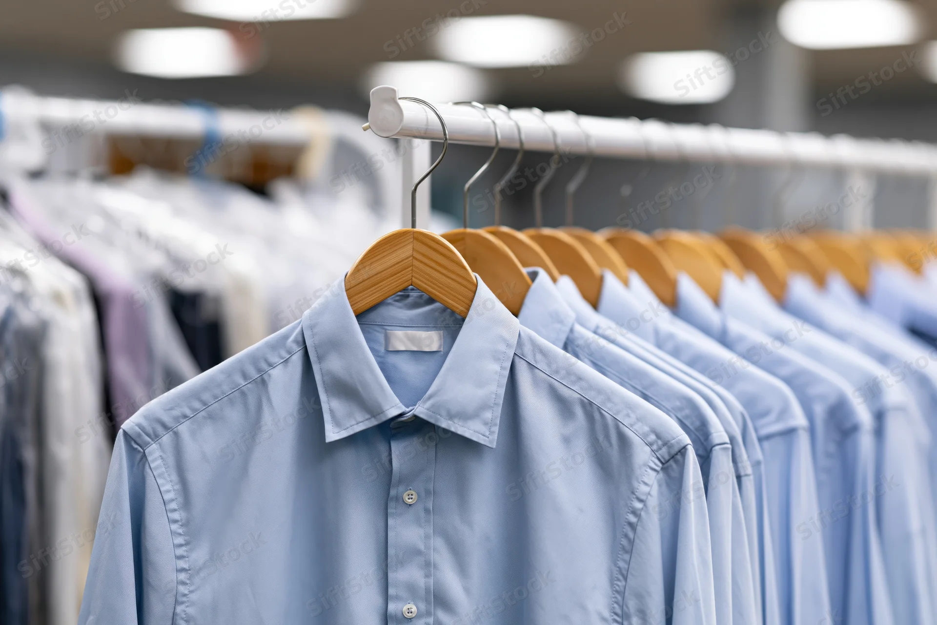 Light blue dress shirts hanging on a rack in a retail store