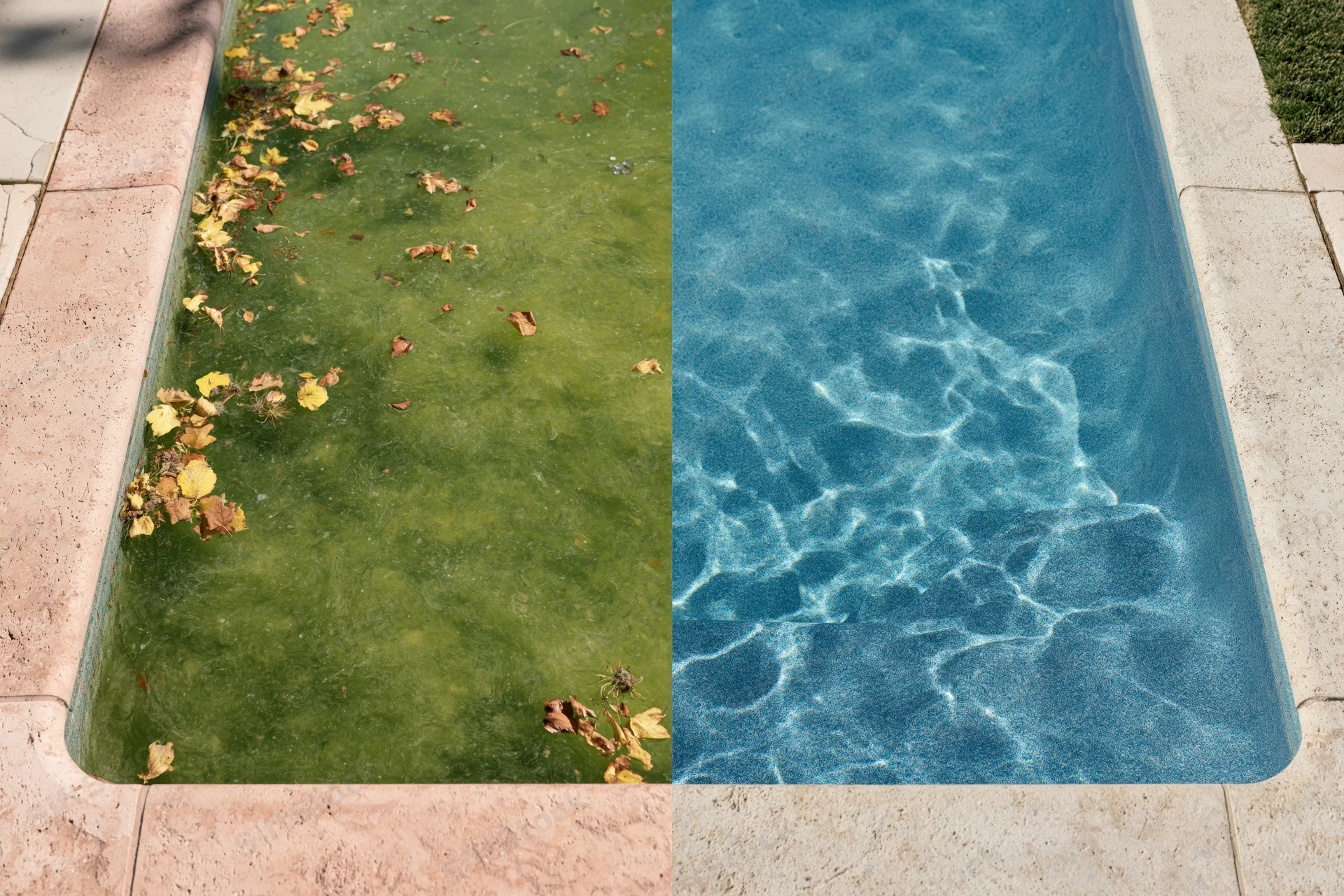 Split view of a neglected swimming pool with algae and leaves on one side and a clean blue pool on the other, both in a backyard setting