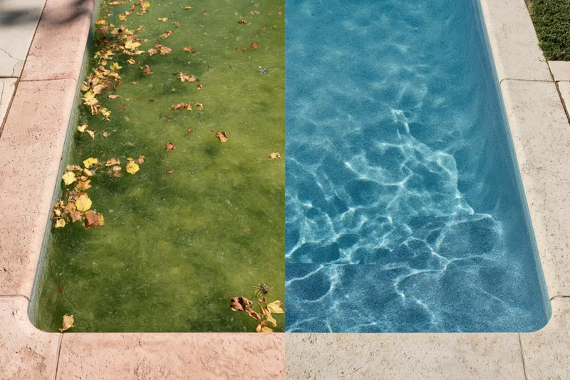 Split view of a neglected swimming pool with algae and leaves on one side and a clean blue pool on the other, both in a backyard setting