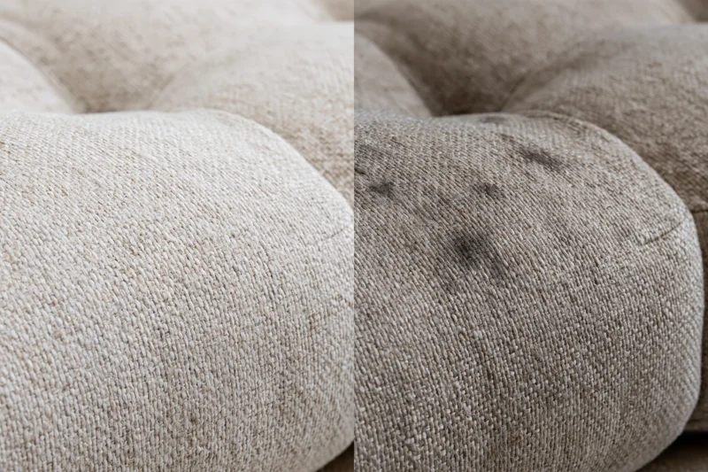 Close-up side-by-side comparison of clean and stained beige tufted sofa fabric