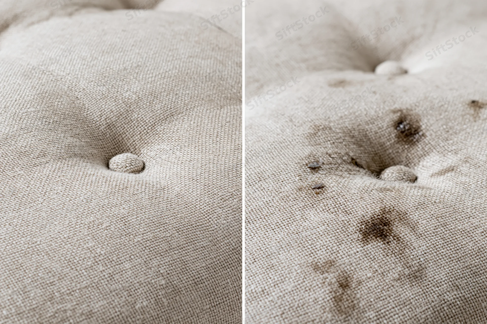Close-up comparison of beige tufted sofa fabric before and after stain removal