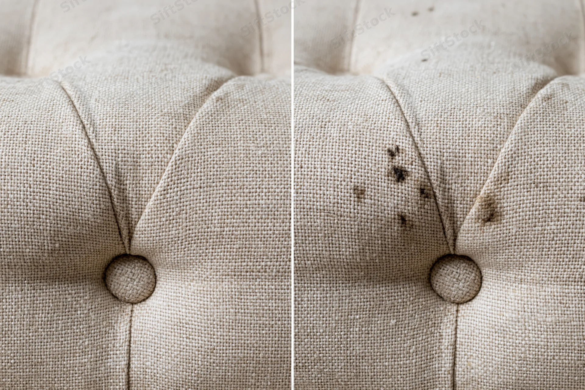 Close-up comparison of beige tufted sofa fabric before and after stain removal