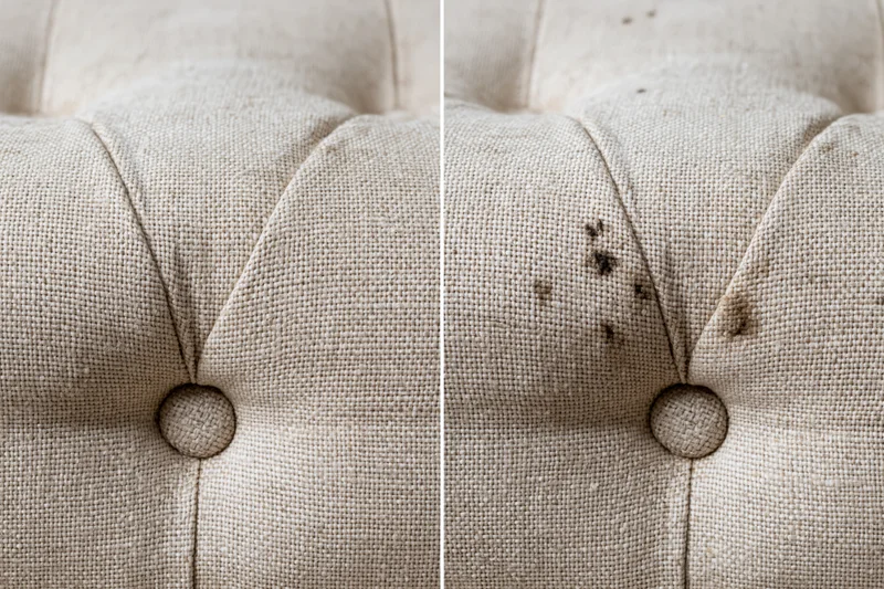 Close-up comparison of beige tufted sofa fabric before and after stain removal