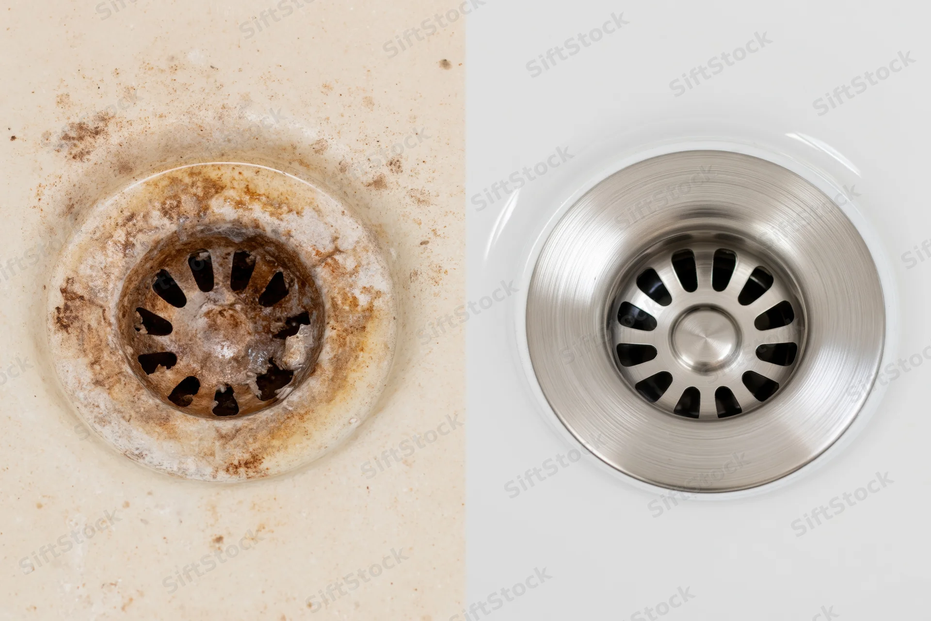 Side-by-side view of a dirty bathroom sink drain and a clean stainless steel drain