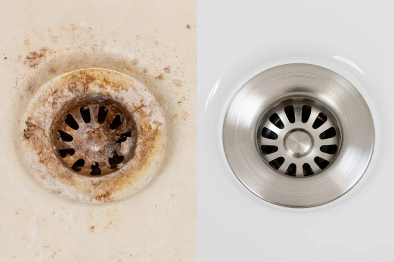 Side-by-side view of a dirty bathroom sink drain and a clean stainless steel drain