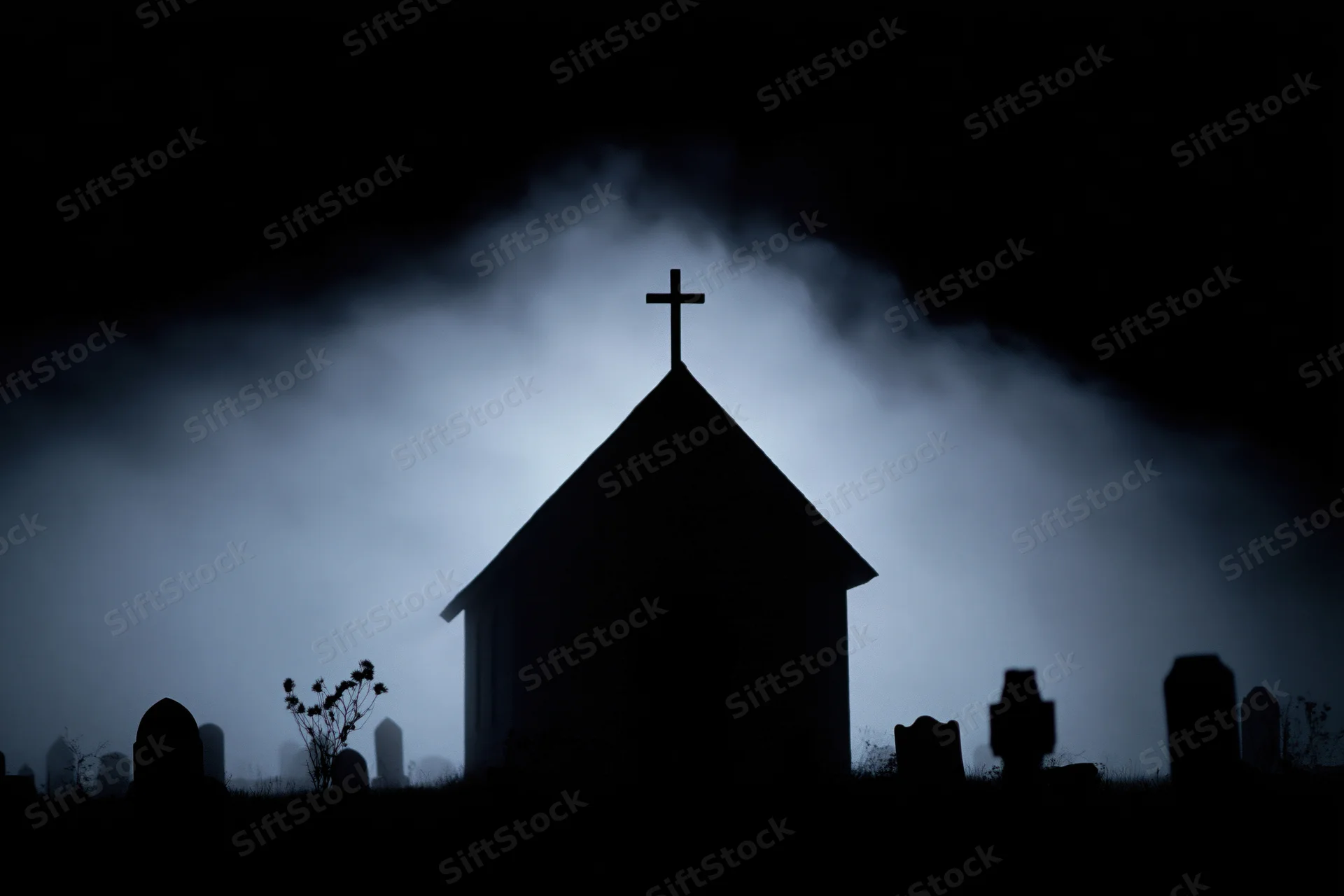 Silhouette of a gothic chapel with a cross on its peak in a foggy graveyard at night