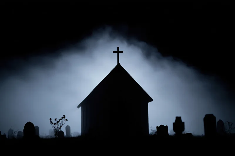 Silhouette of a gothic chapel with a cross on its peak in a foggy graveyard at night