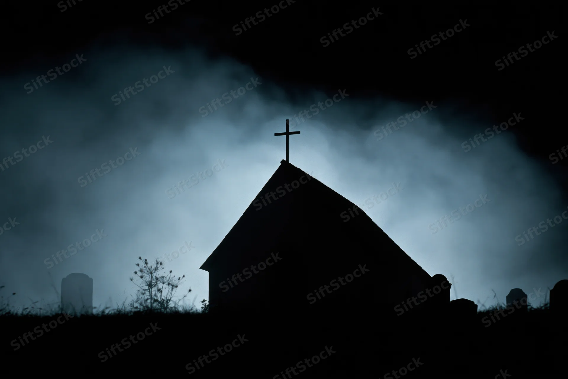 Silhouette of a gothic chapel with a cross on its peak surrounded by fog and tombstones at night