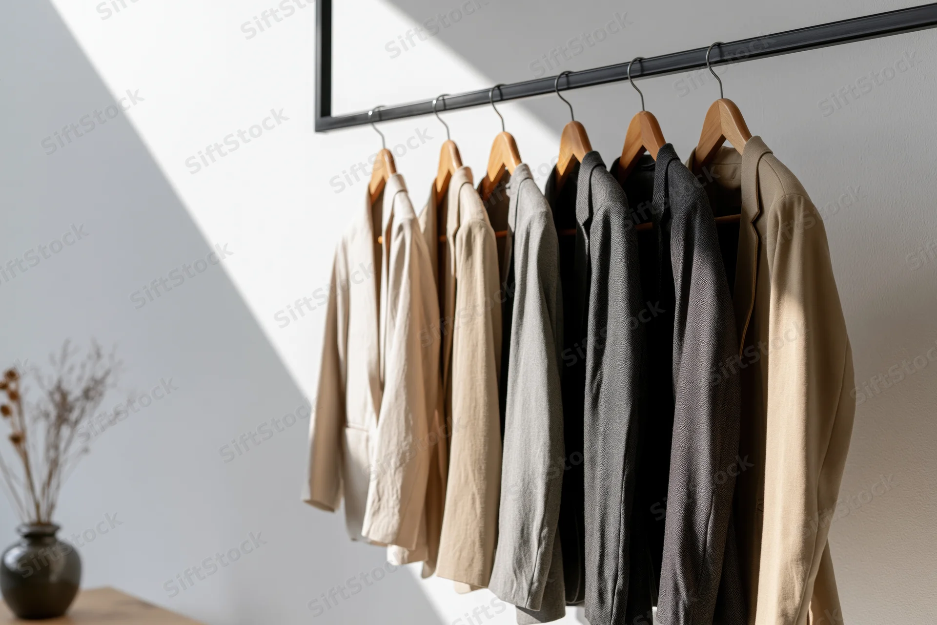 Blazers and suit jackets hanging on wooden hangers in a minimalist home interior