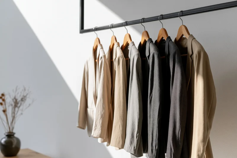Blazers and suit jackets hanging on wooden hangers in a minimalist home interior