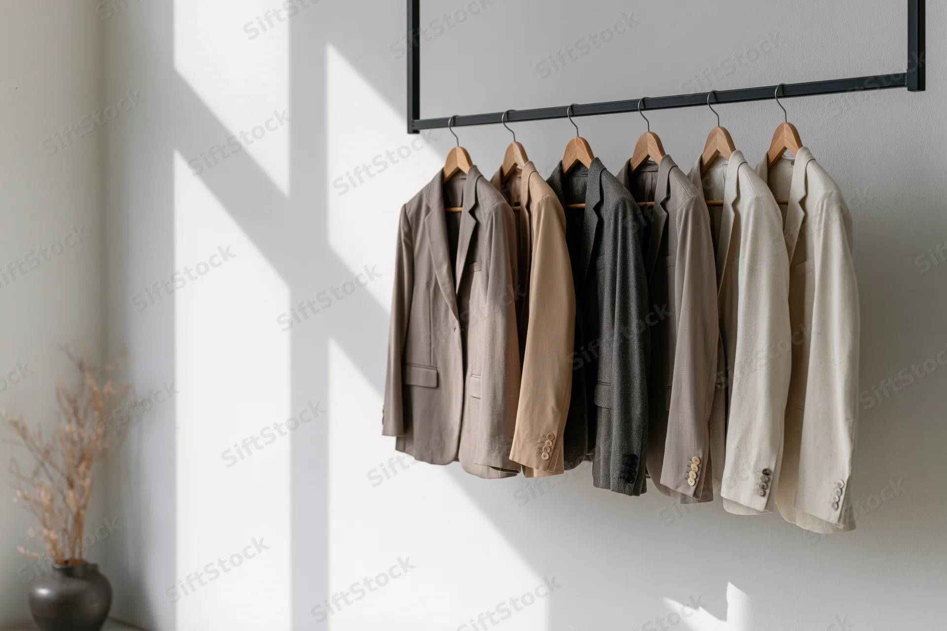 Six blazers and suit jackets hanging on wooden hangers from a wall-mounted rack in a minimalist room with sunlight casting shadows