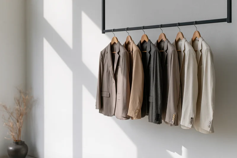 Six blazers and suit jackets hanging on wooden hangers from a wall-mounted rack in a minimalist room with sunlight casting shadows