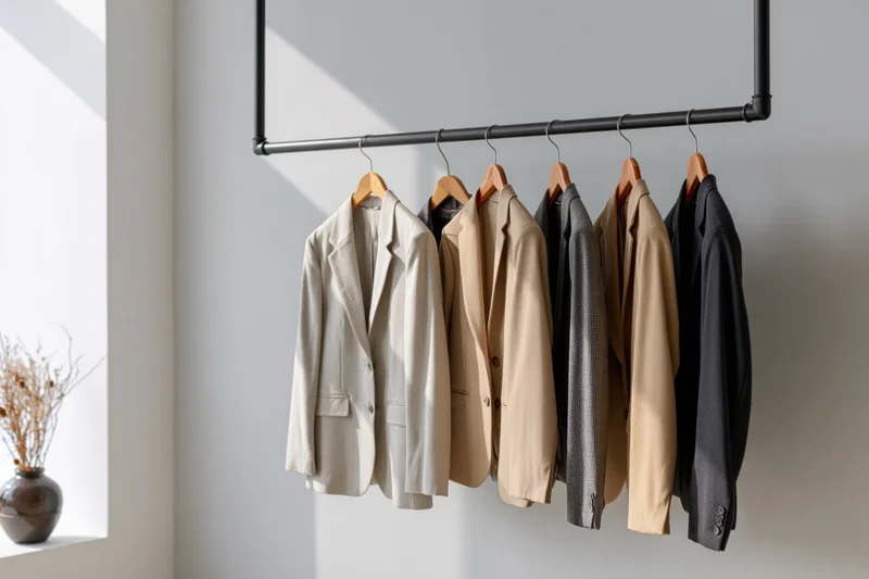 Six blazers and suit jackets hanging on wooden hangers from a metal rack in a minimalist interior with natural light from a window