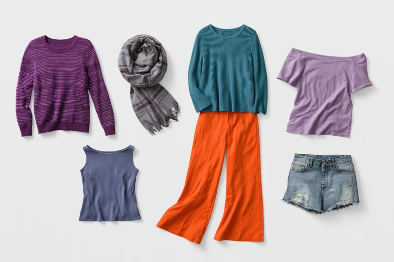 Six women's clothing items arranged in a flat lay collage on white background