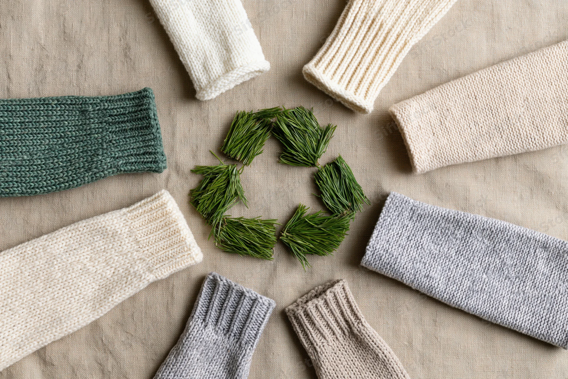 Knitted sweater sleeves arranged in a circle around a pine needle recycling symbol on a neutral fabric background