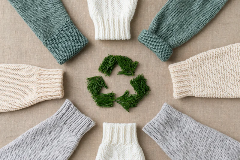 Knitted sweater sleeves arranged in a circle around a green recycling symbol made of sprigs on a beige fabric background