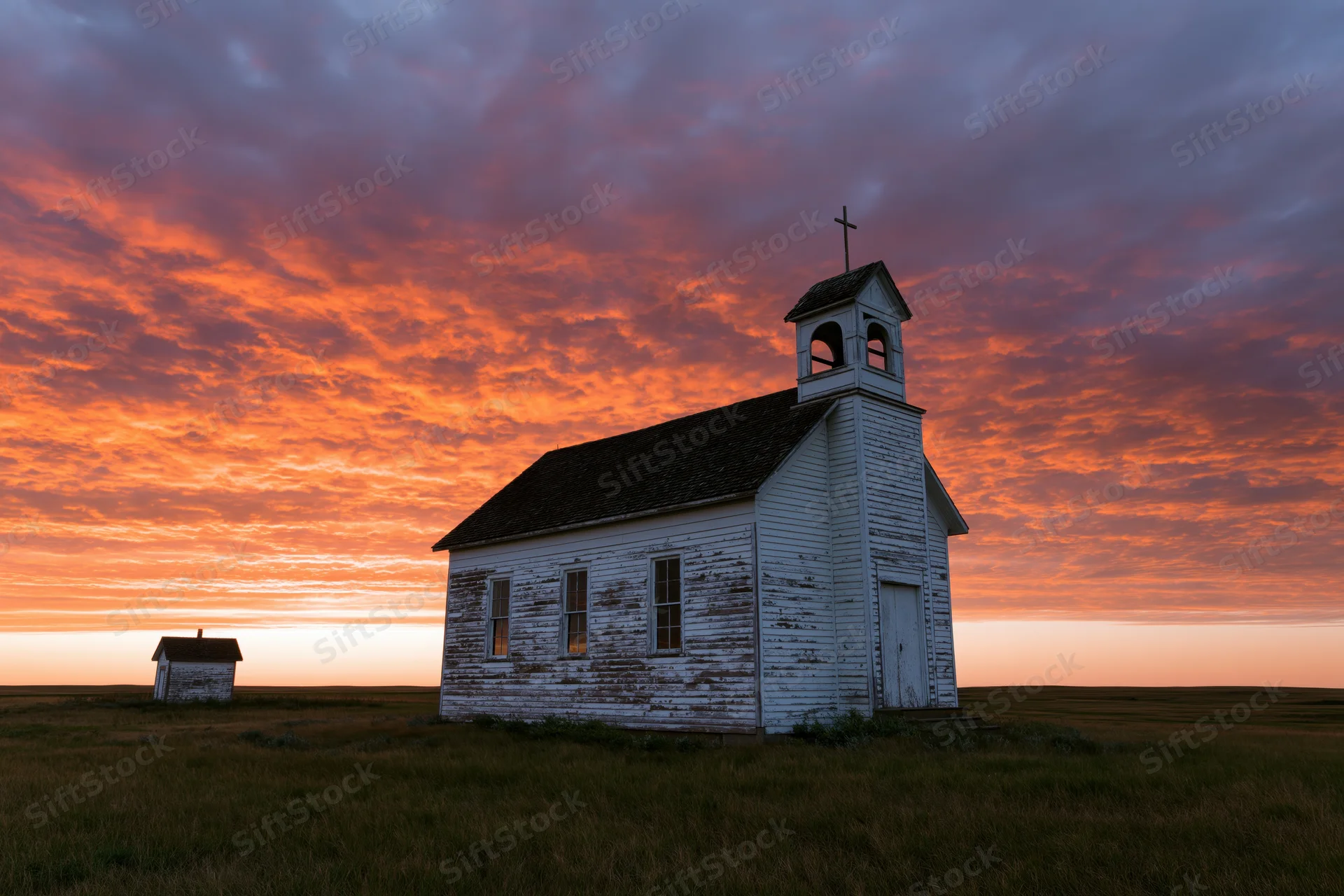 Small abandoned white clapboard church on prairie at sunset