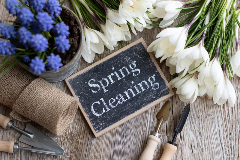 Chalkboard sign reading spring cleaning surrounded by crocus flowers and gardening tools on wooden surface