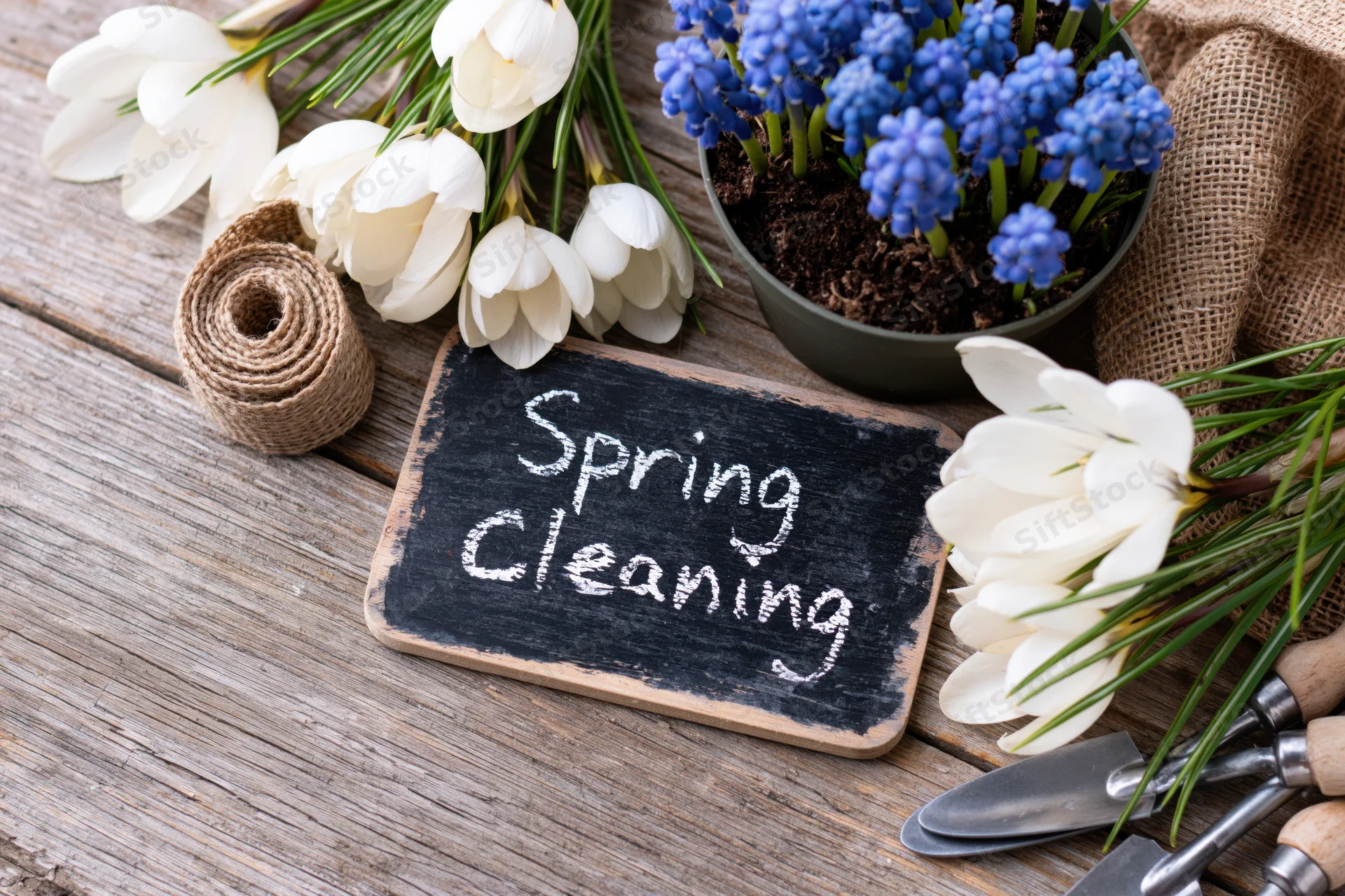Small chalkboard sign reading spring cleaning on wooden surface surrounded by white crocuses, blue grapehyacinths, gardening tools and burlap fabric