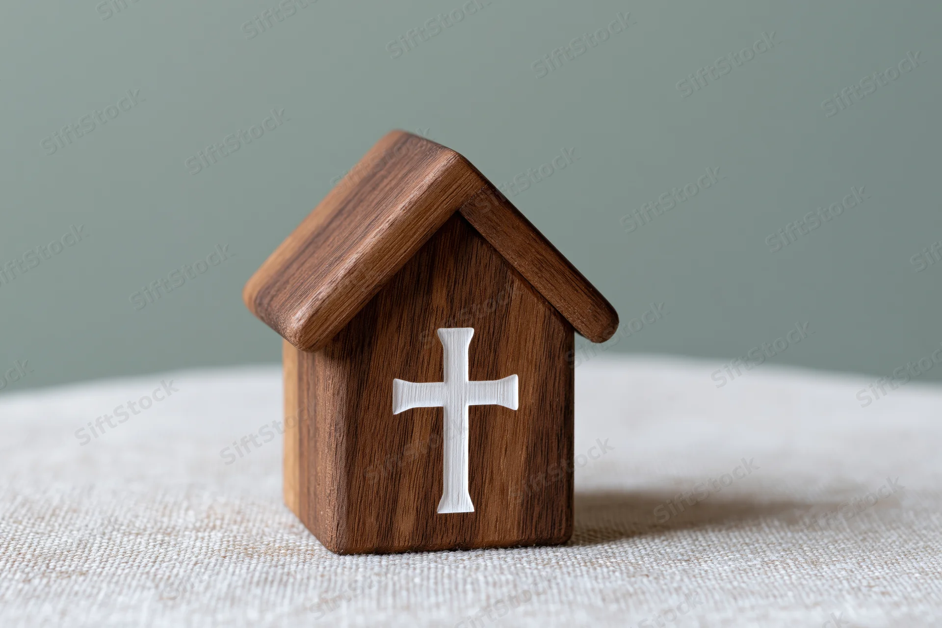 Small wooden church figurine with white cross on front, placed on textured fabric surface
