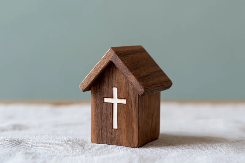 Small wooden church figurine with engraved cross on textured fabric surface