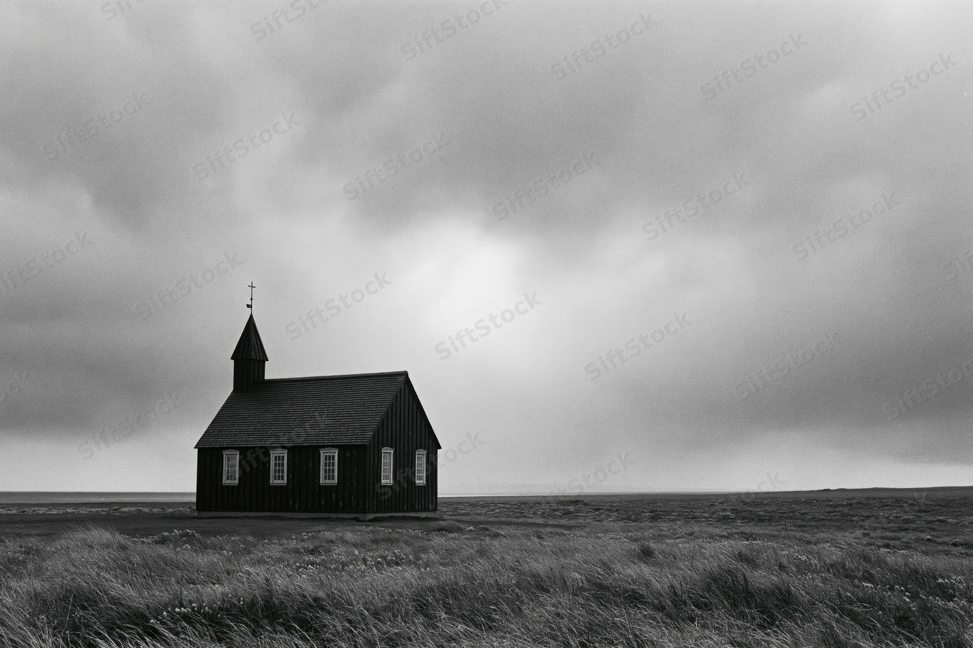 Small dark wooden church with steeple standing alone on open grassy field under cloudy sky