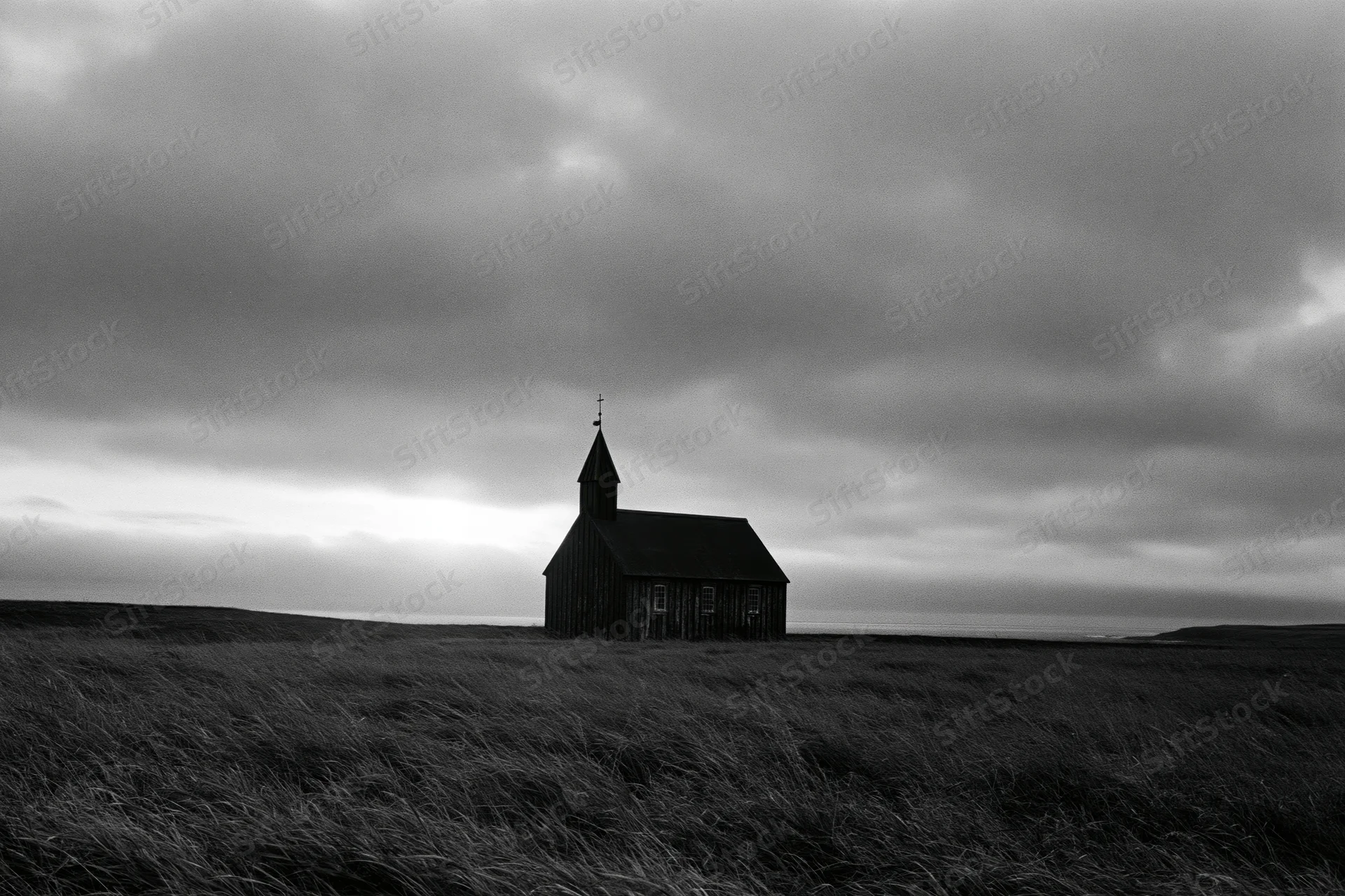 Small wooden church with steeple standing alone on grassy field under cloudy sky