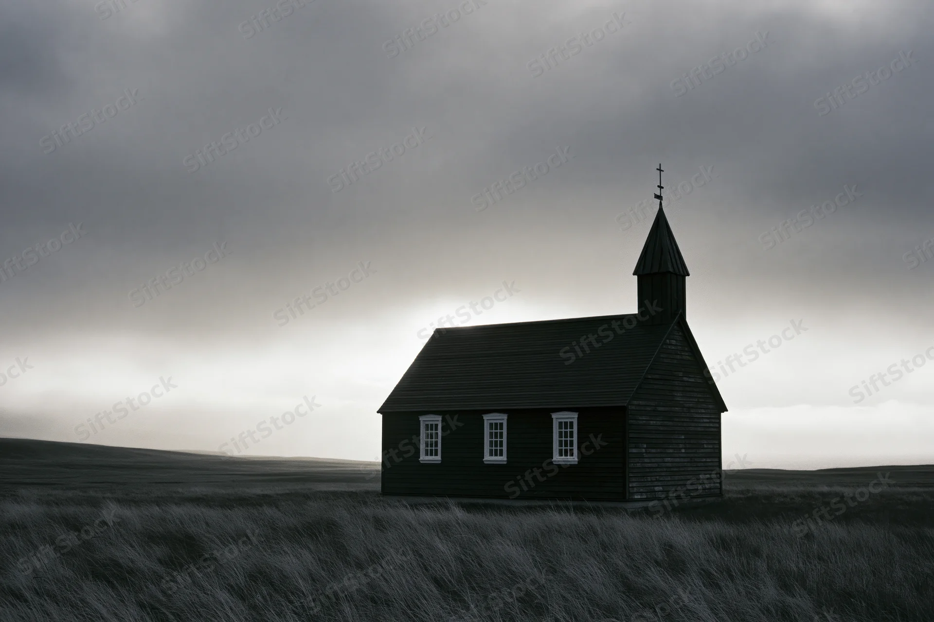 Small dark wooden church with steeple standing alone on open grassy field under overcast sky