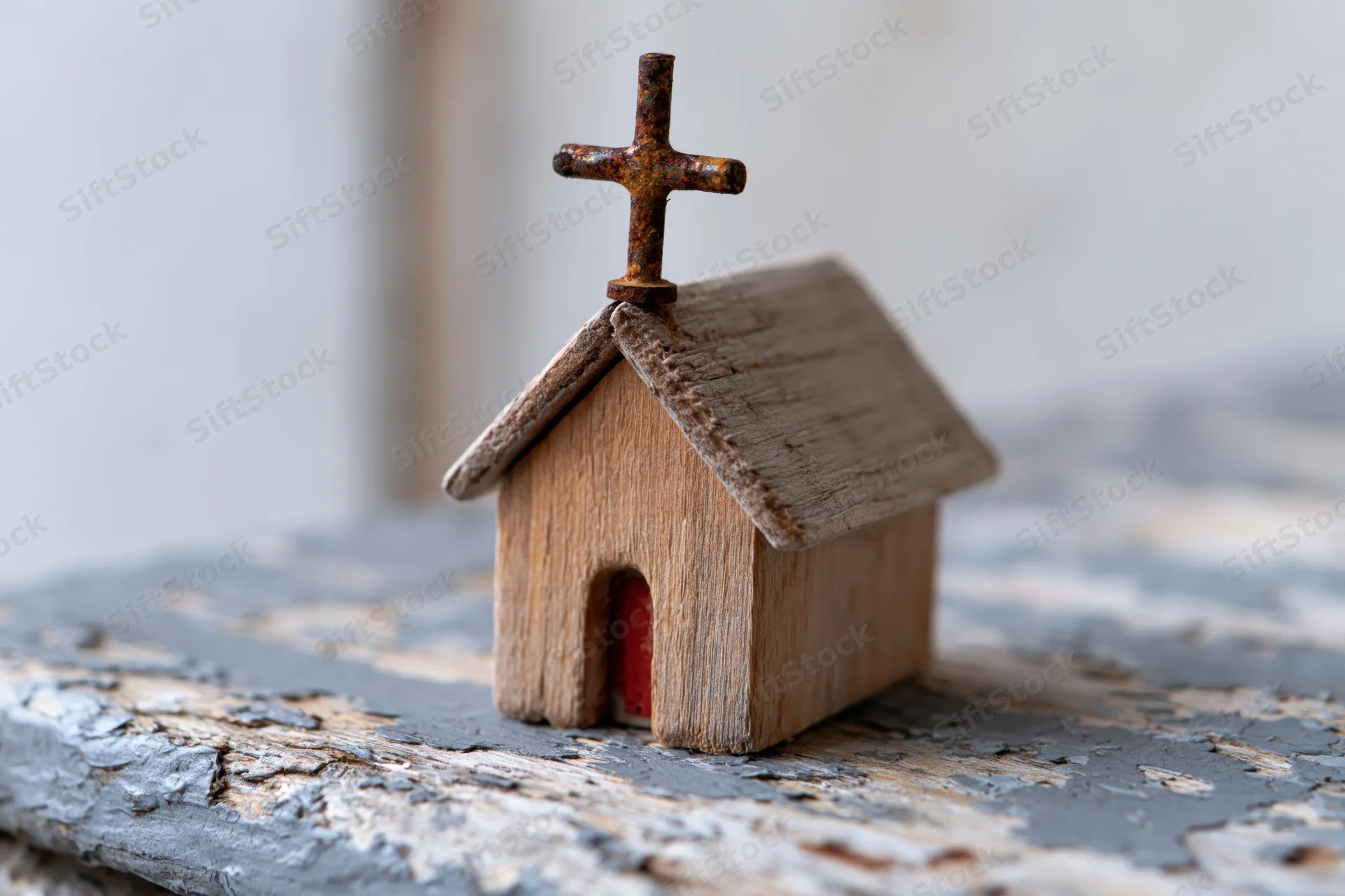 Small handmade wooden church figurine with rusty cross on weathered surface