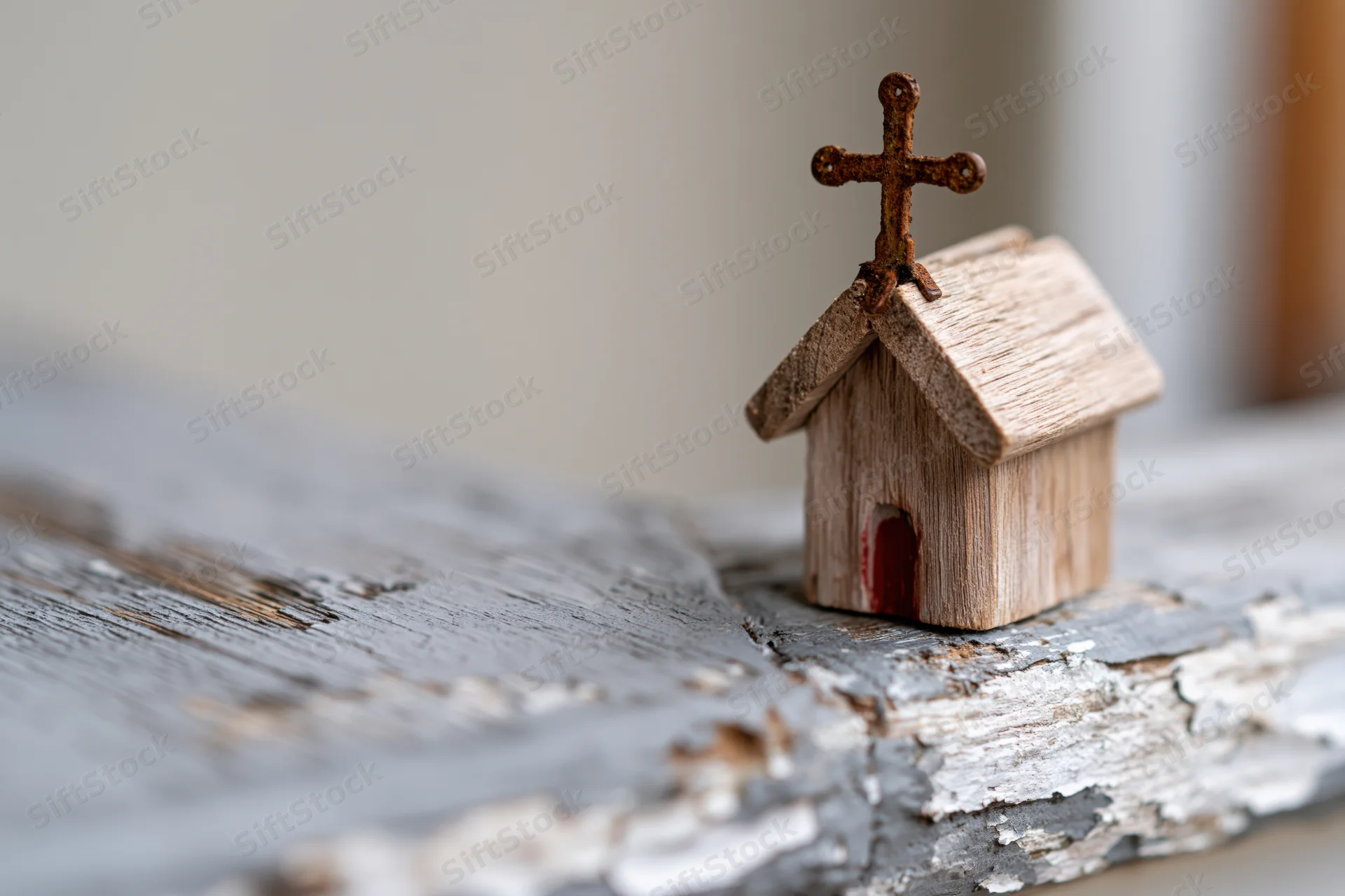 Small handmade wooden church figurine with rusty cross on weathered surface