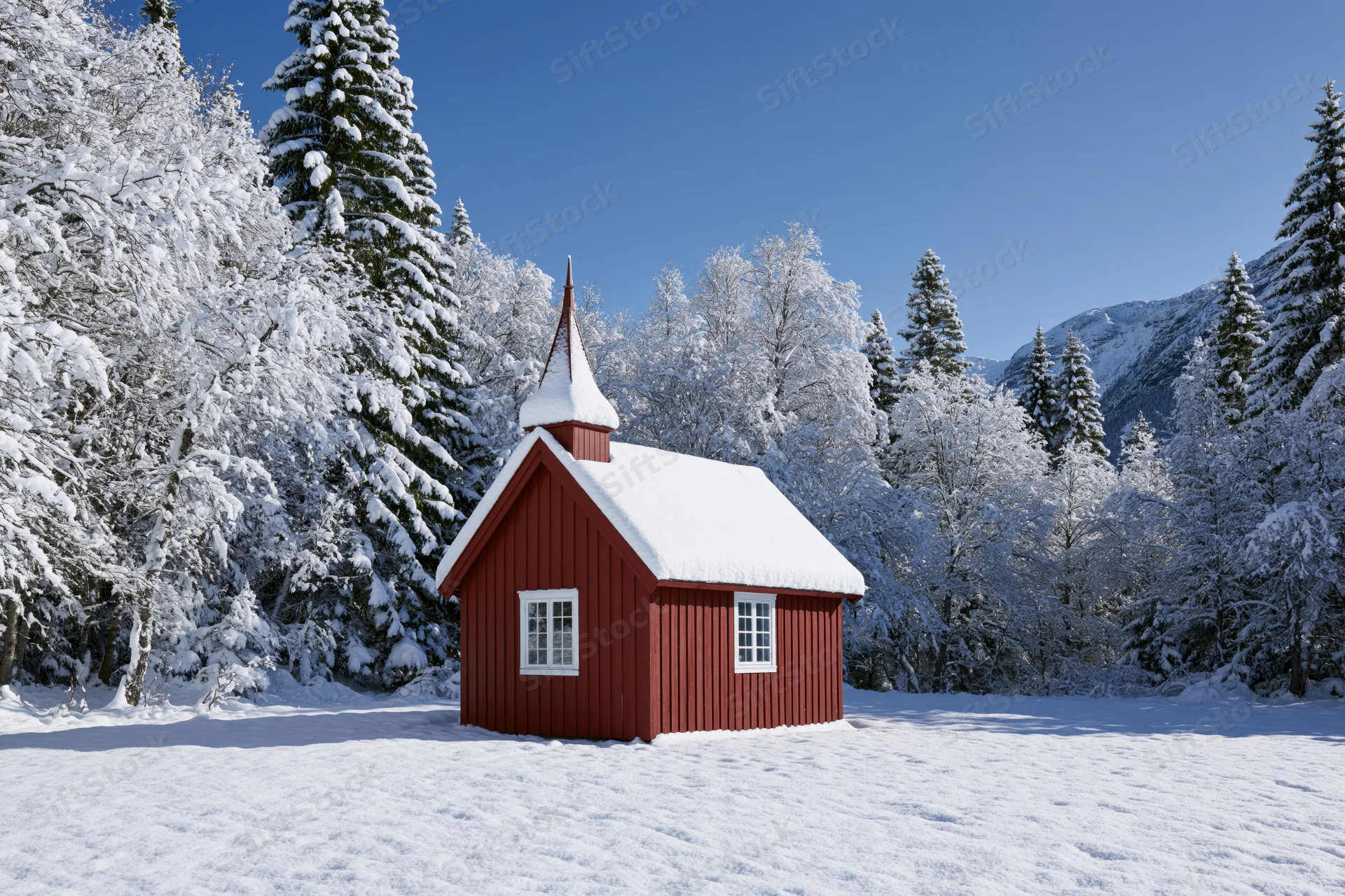 Small red wooden chapel with pointed steeple in snowy forested mountain landscape