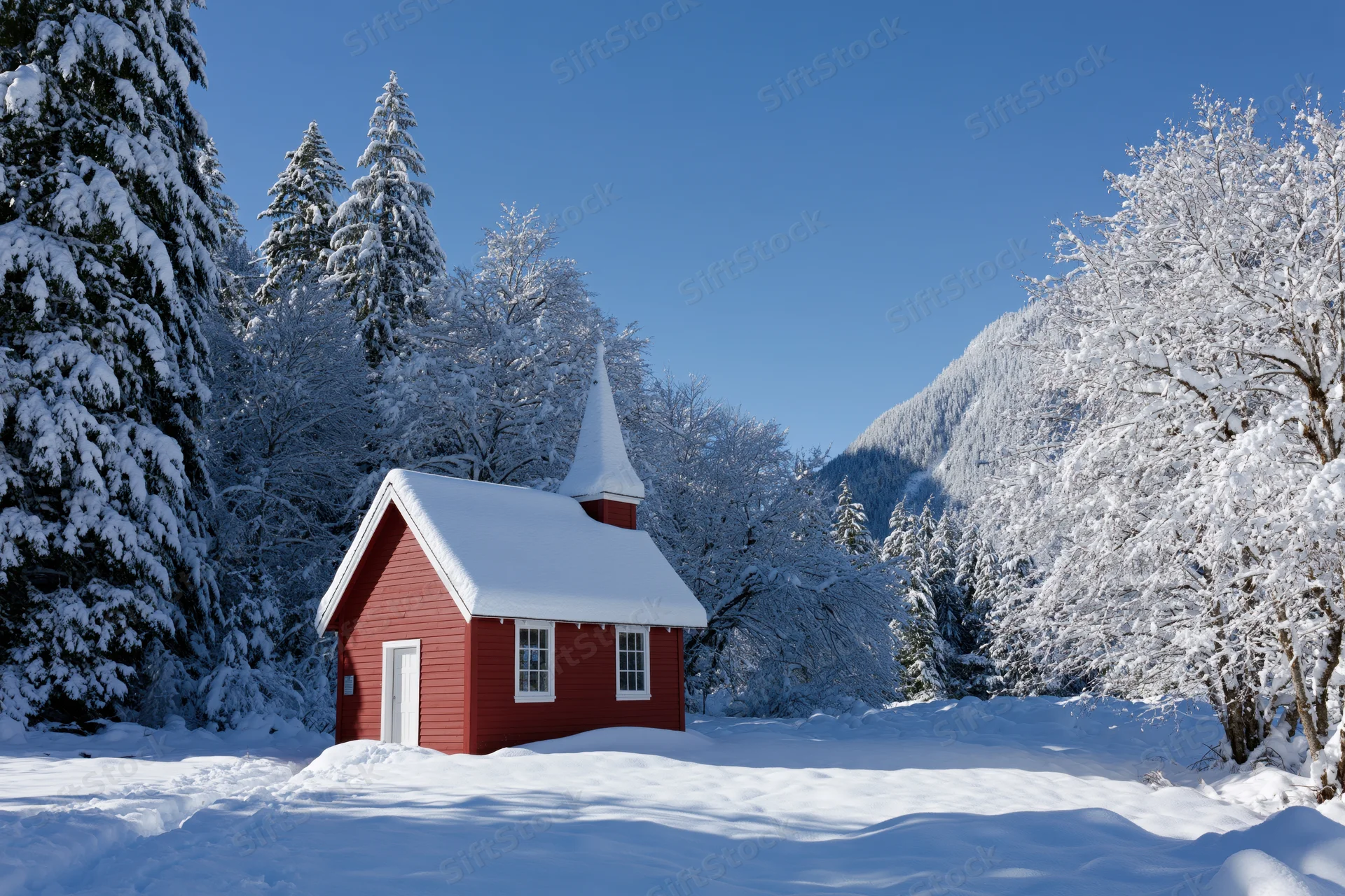 Small red wooden chapel with pointed steeple in snowy forested mountain landscape