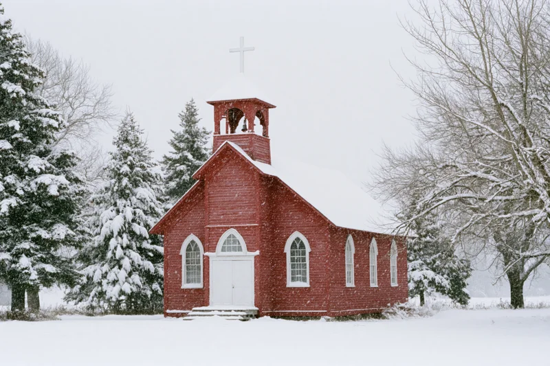 Small red wooden country church with bell tower and white cross in snow-covered landscape