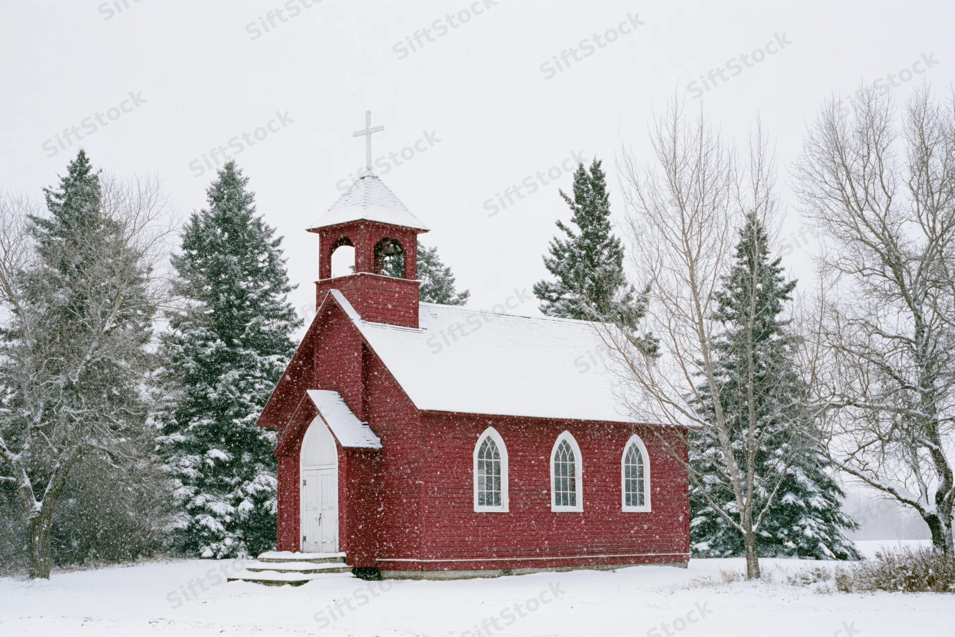 Small red wooden country church with bell tower and white cross in snowfall surrounded by pine trees