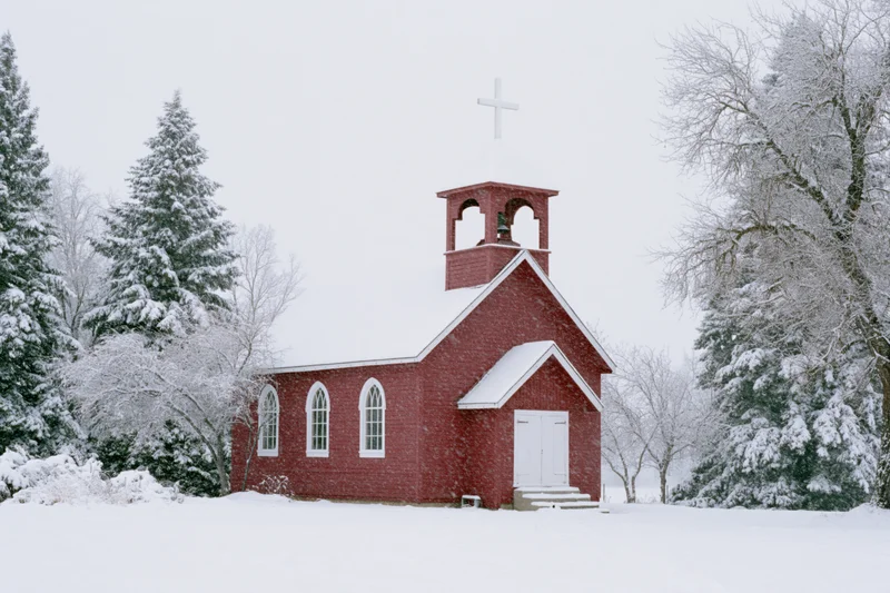 Small red wooden country church with bell tower and white cross in snowy winter landscape