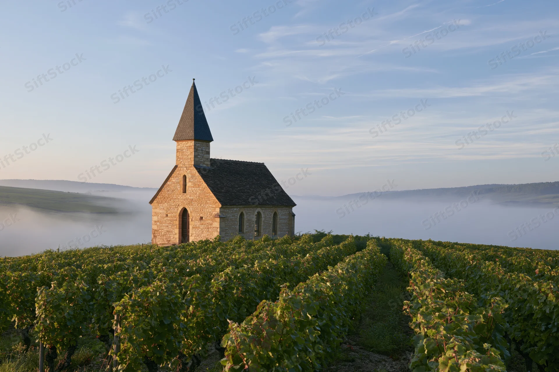 Small stone chapel with dark slate steeple atop a hill surrounded by vineyard rows in morning fog