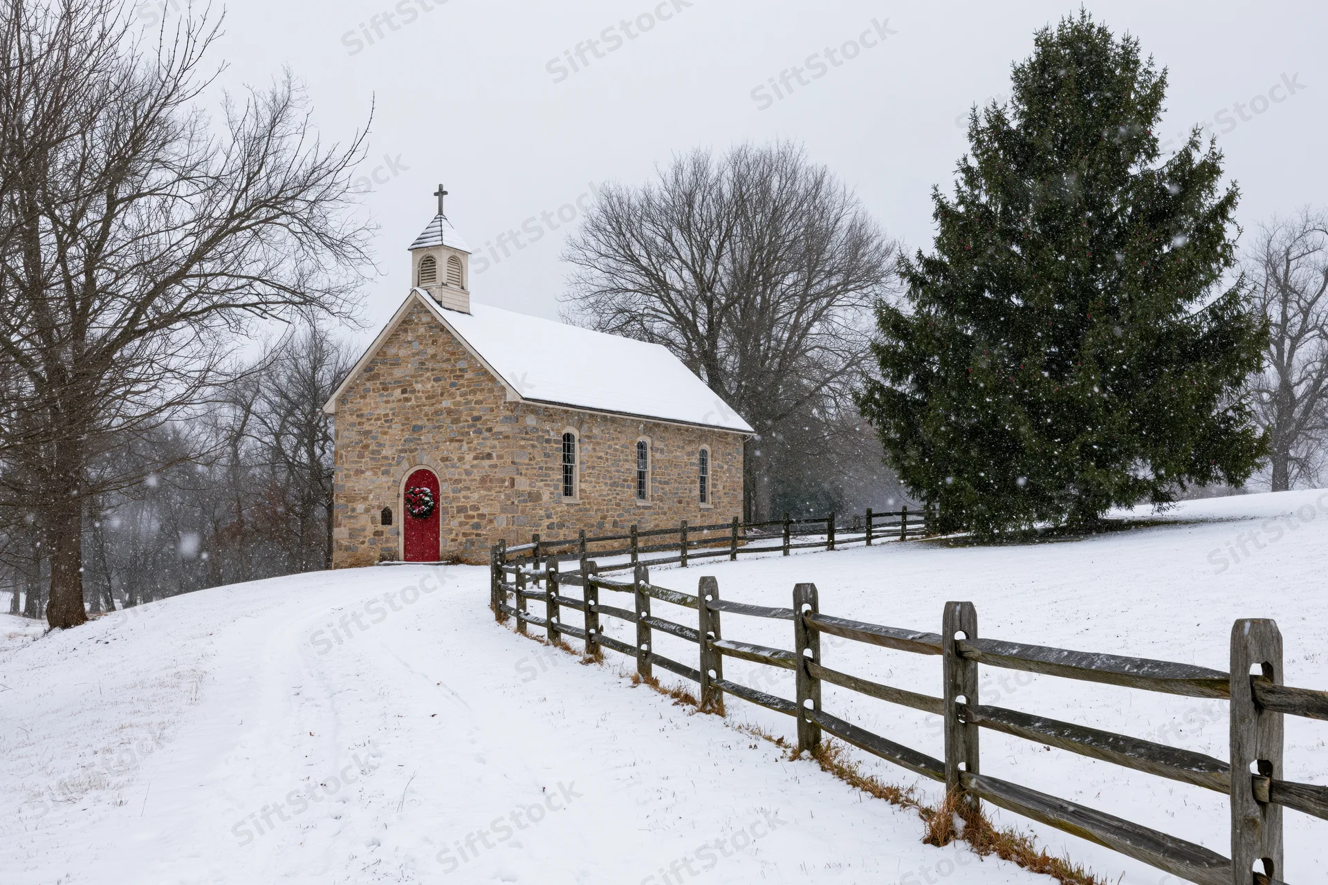Small stone chapel with red door and christmas wreath in snowy rural landscape