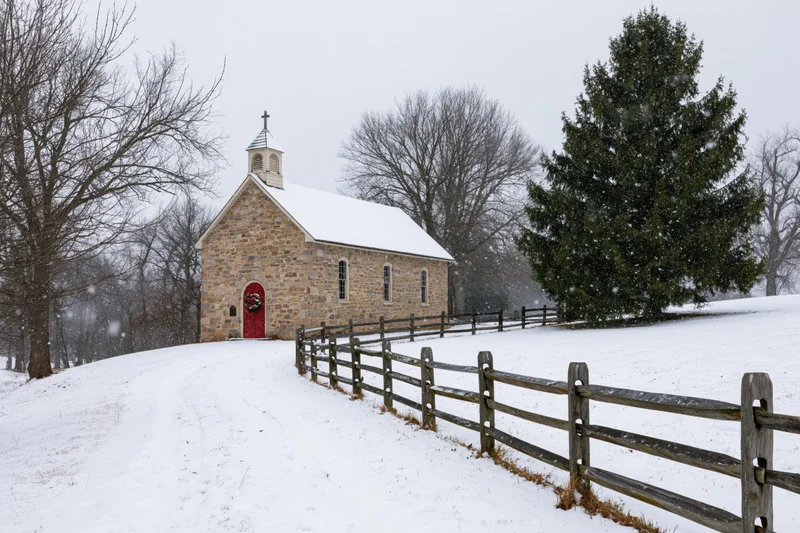 Small stone chapel with red door and christmas wreath in snowy rural landscape