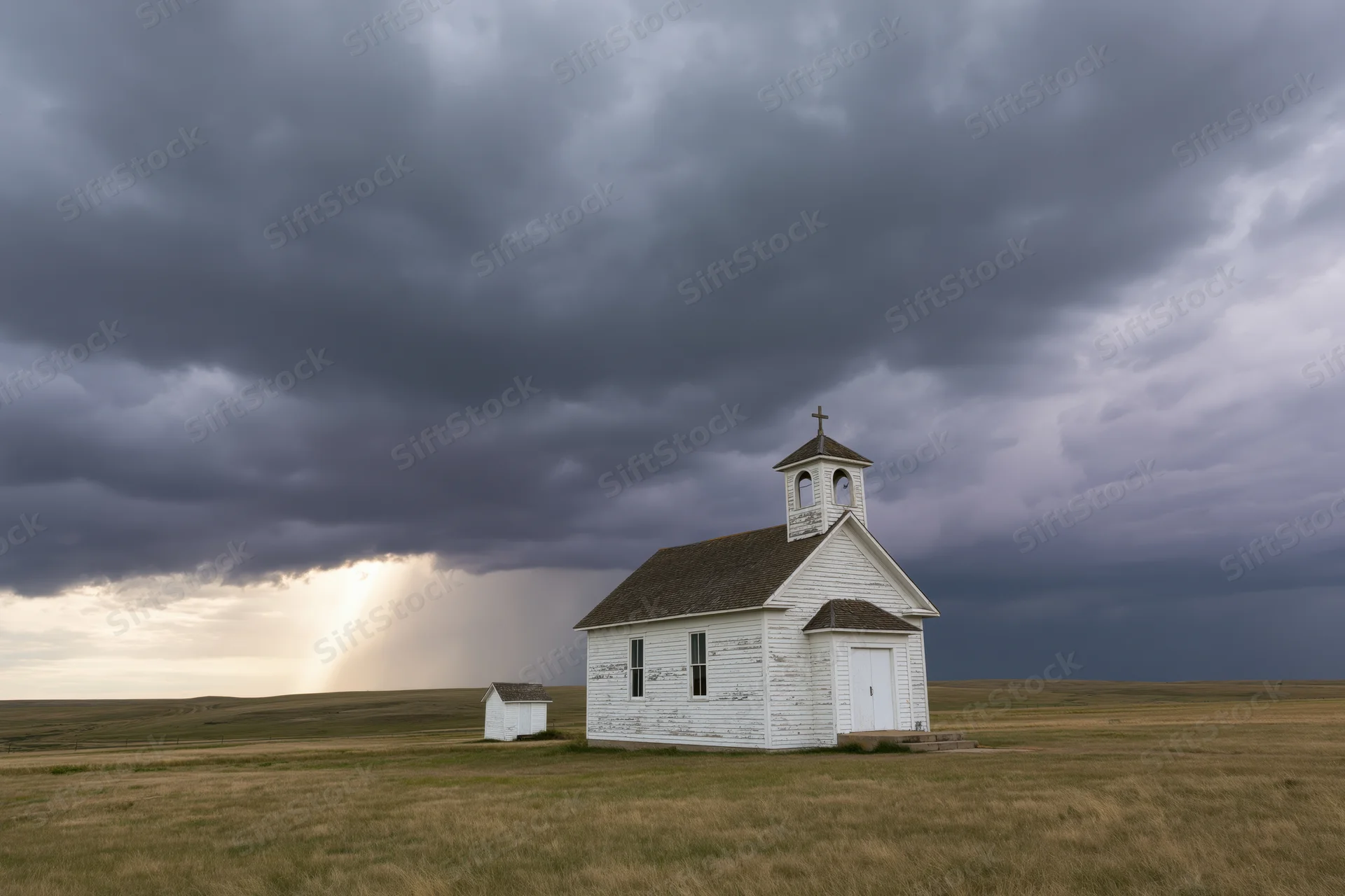 Small white clapboard church standing alone in a grassy prairie field under a stormy sky with a sunbeam breaking through the clouds