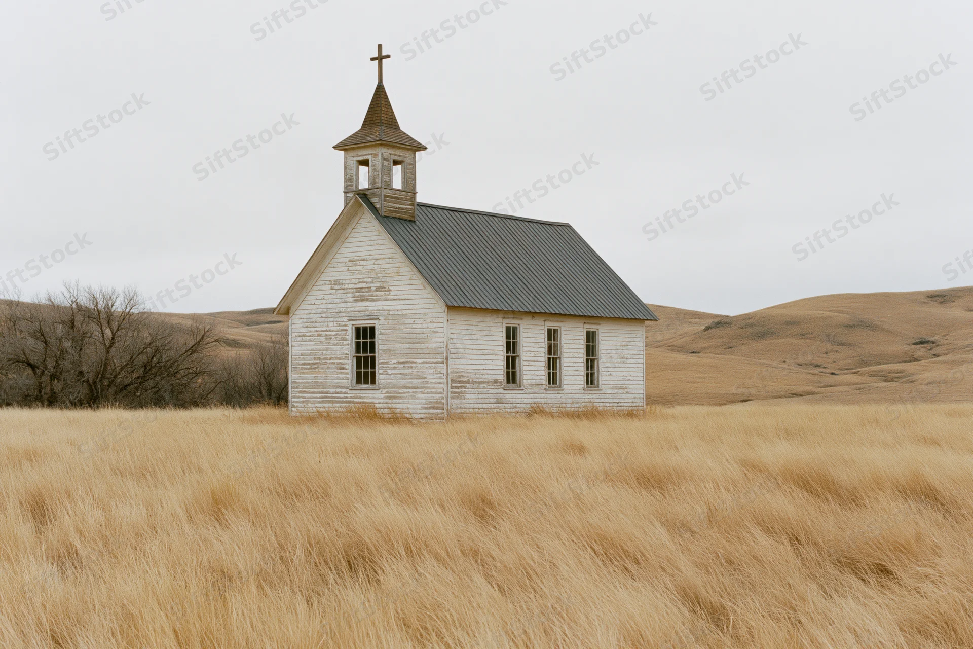 Small weathered wooden church with steeple and cross standing in a dry grassy prairie field