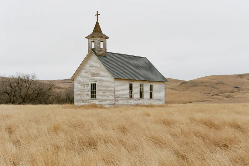 Small weathered wooden church with steeple and cross standing in a dry grassy prairie field