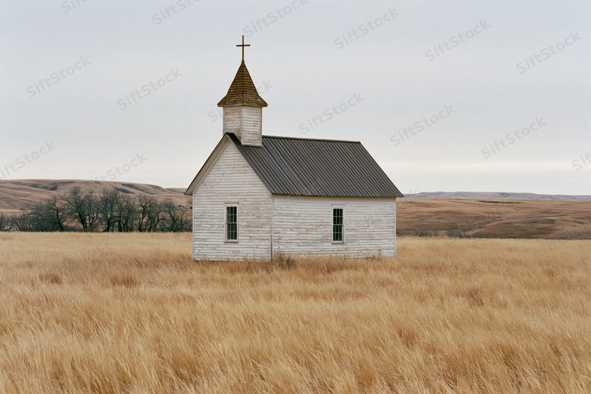 Small weathered wooden church with steeple and cross standing in a dry grassy prairie field under overcast sky